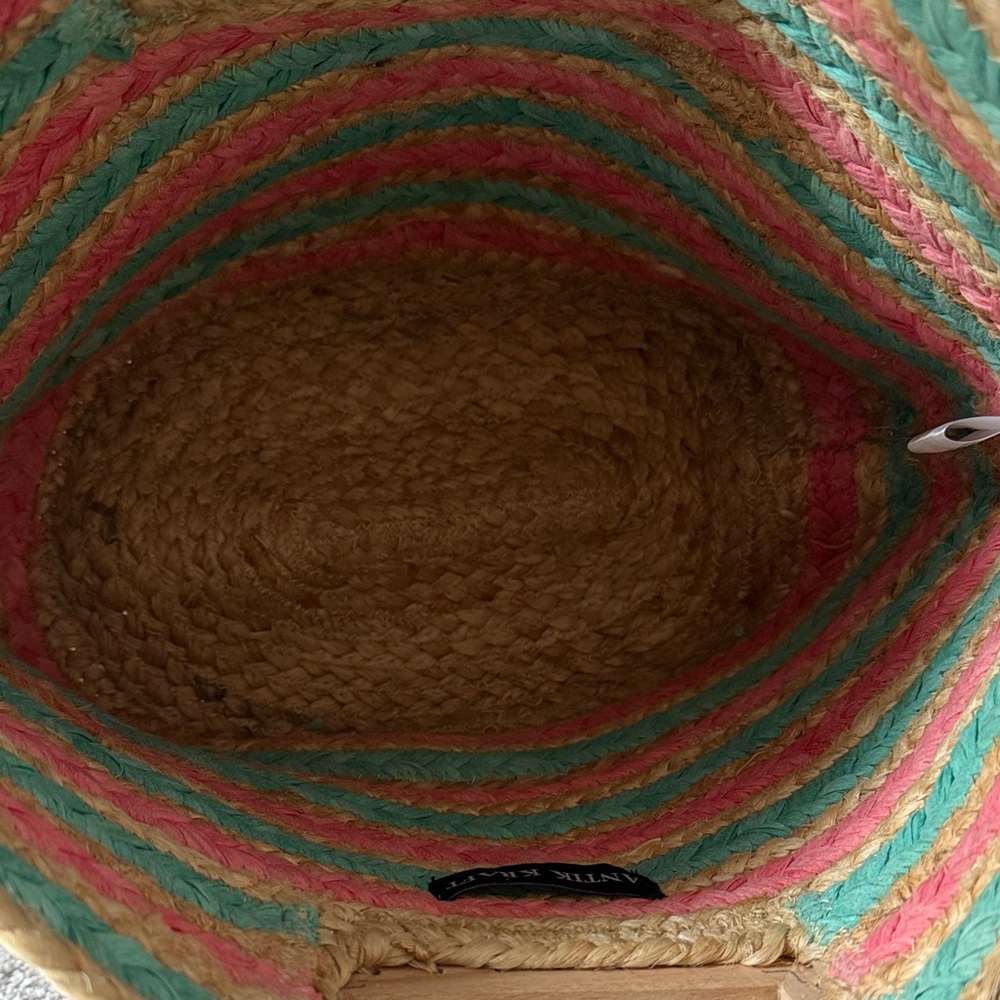 Antik Kraft hand made square wood handle striped pink green jute Bag - Picture 3 of 10